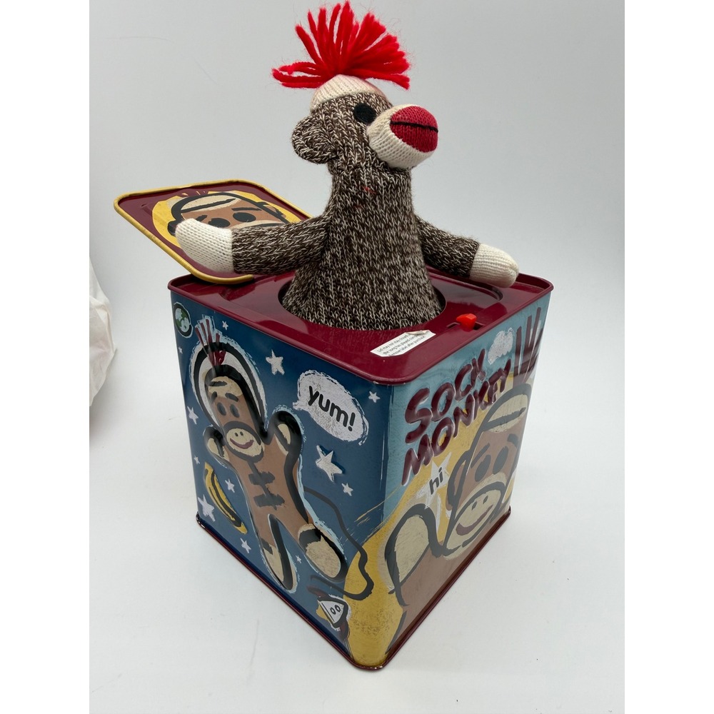 Schylling Sock Monkey Jack-in-the-Box Musical Tin Toy Wind Up Pop Goes Weasel